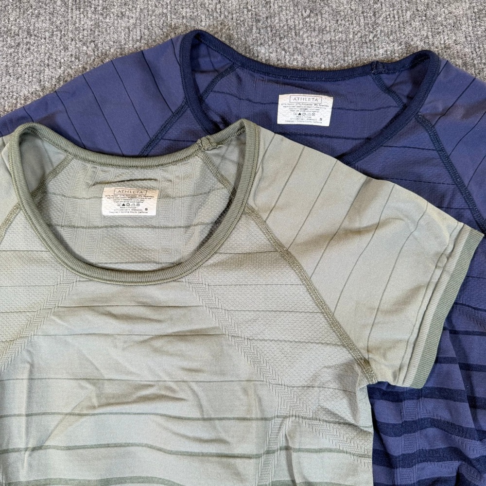 Athleta Chi Ruched Short Sleeve Top 2 Pack Blue Green Striped Small 213911 #3559
